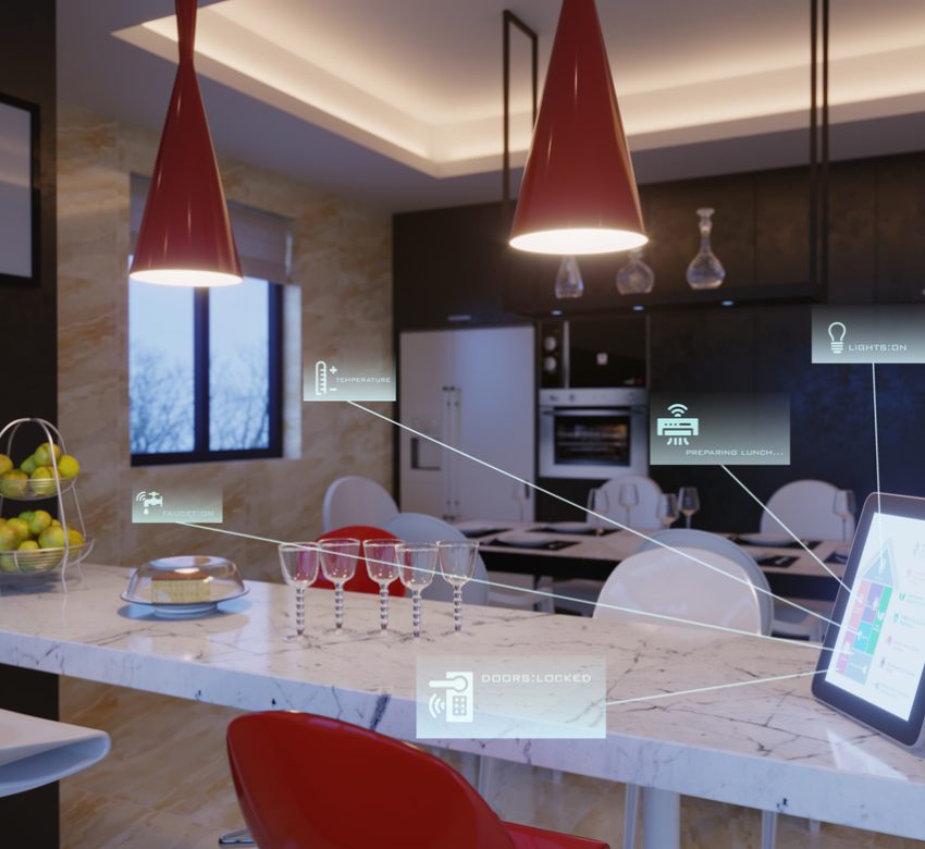 Smart home control with icons in kitchen interior in the evening. ( 3d render )