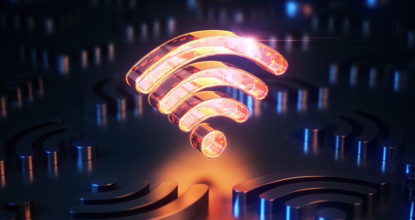 3d render Glowing Yellow Digital Glass Wifi Icon Among Metallic Black Wifi Logos on Black Background, Internet Technology and Connection Concept (Depth Of Field)